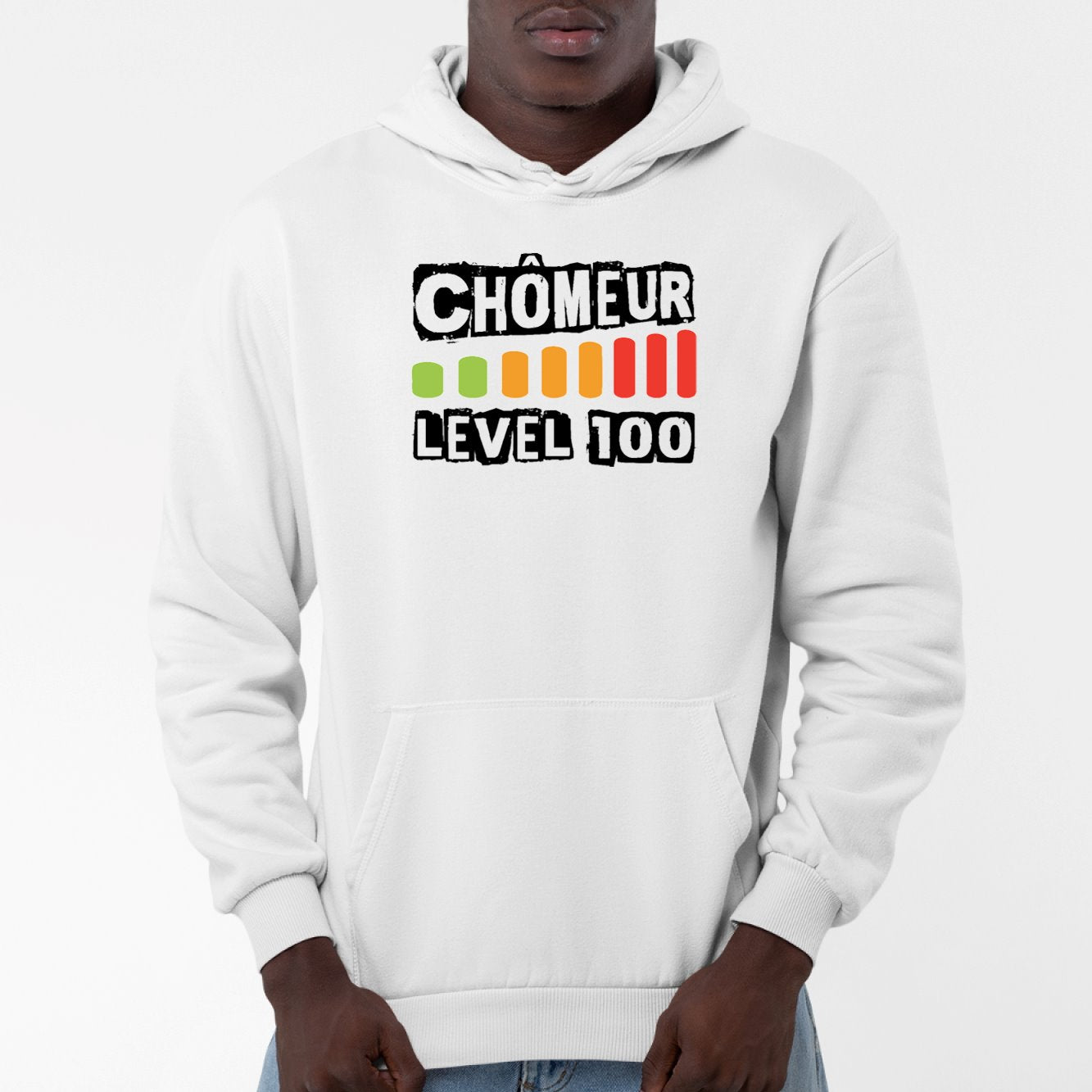 Sweat Capuche Adulte Chômeur level 100 Blanc