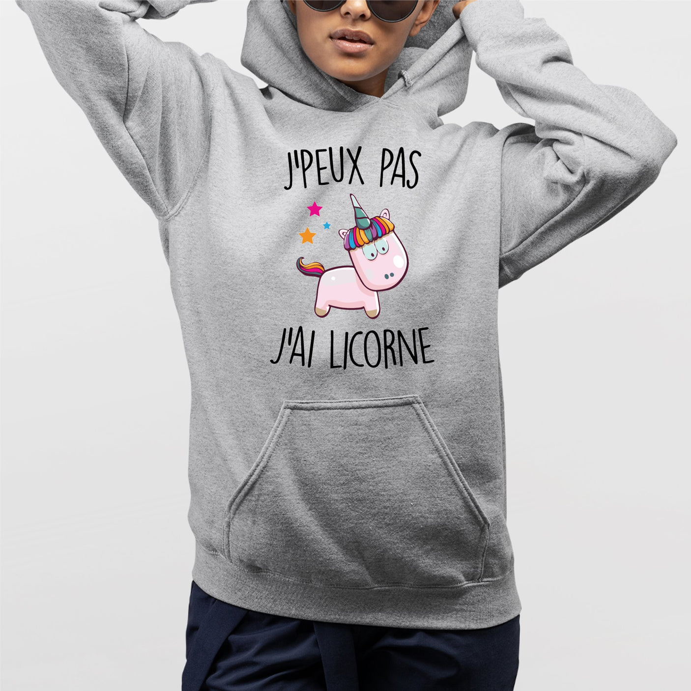 Sweat Capuche Adulte J'peux pas j'ai licorne Gris
