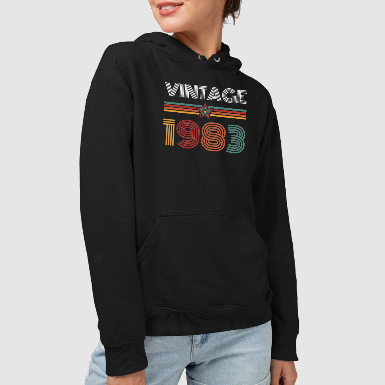 Sweat Capuche Adulte Vintage année 1983 Noir