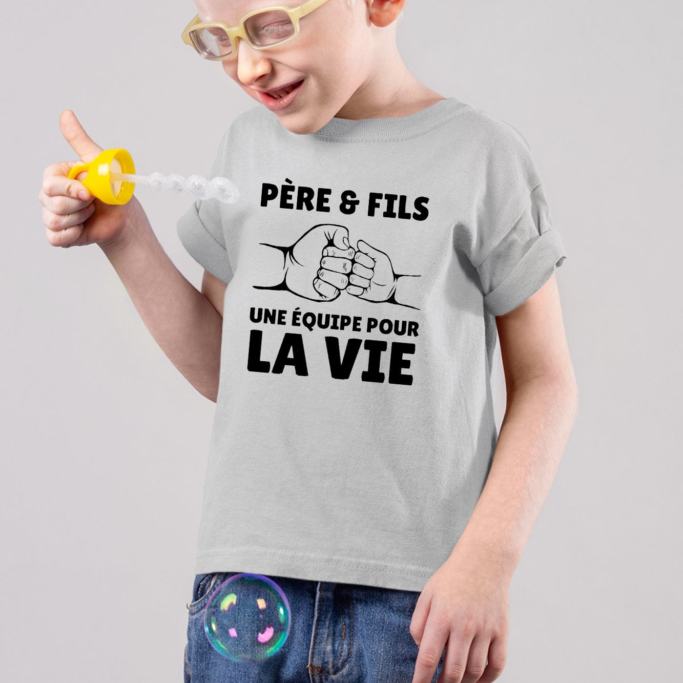 T-Shirt Enfant Père et fils une équipe pour la vie Gris