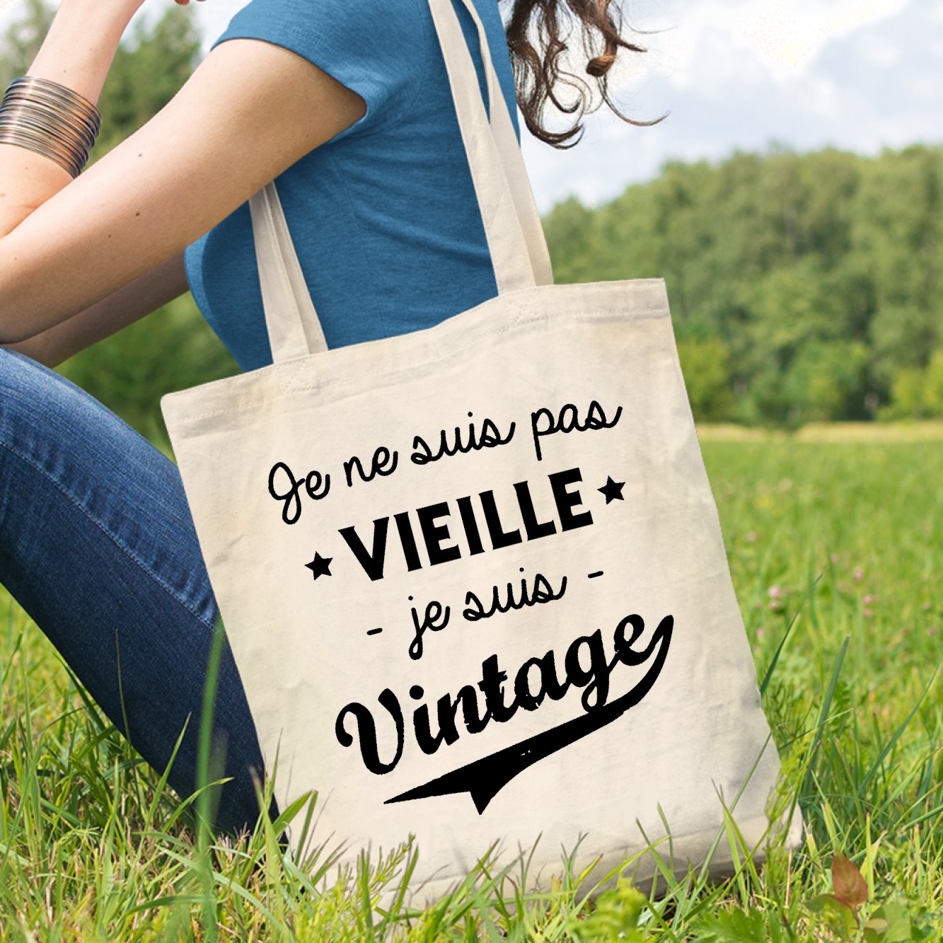 Tote bag Je ne suis pas vieille je suis vintage Beige