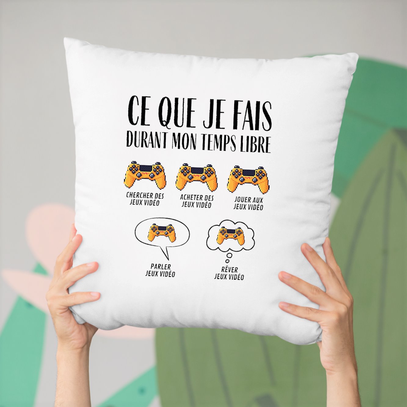 Coussin Ce que je fais durant mon temps libre Jeux vidéo Blanc