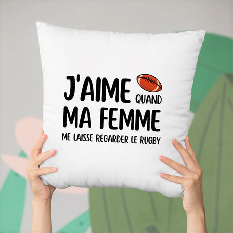 Coussin J'aime quand ma femme me laisse regarder le rugby Blanc