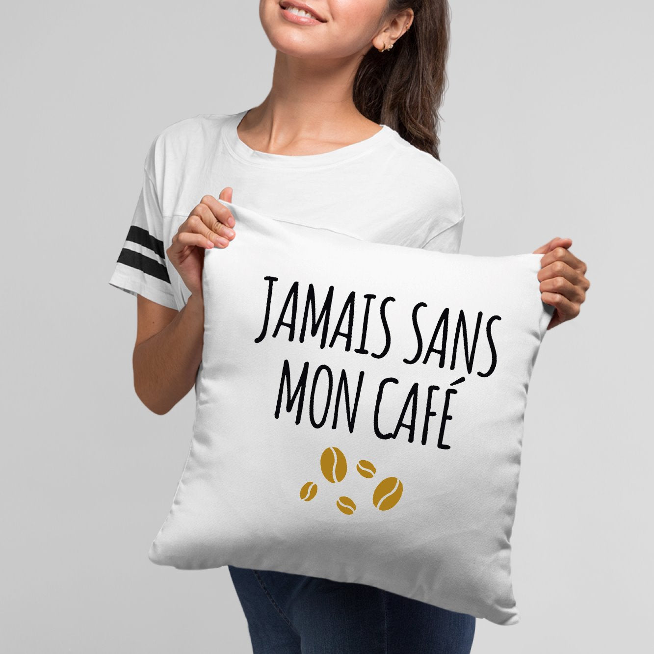 Coussin Jamais sans mon café Blanc