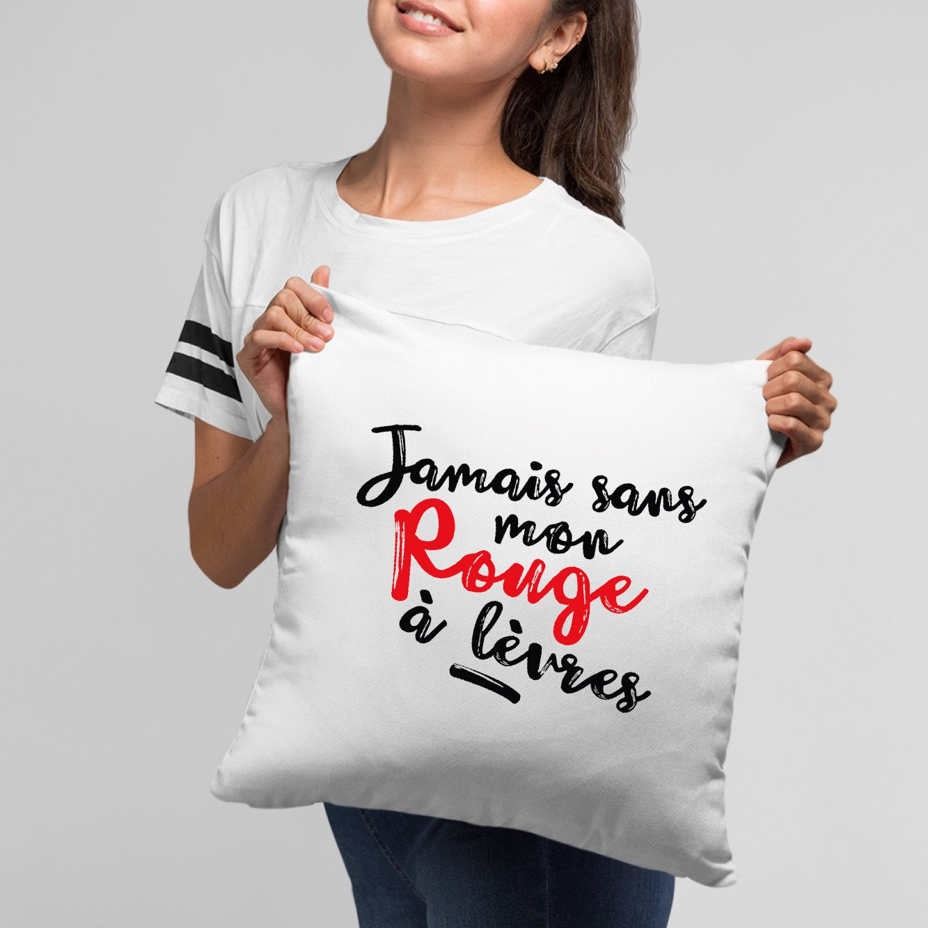 Coussin Jamais sans mon rouge à lèvres Blanc