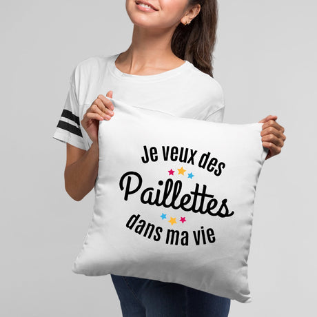 Coussin Je veux des paillettes dans ma vie Blanc