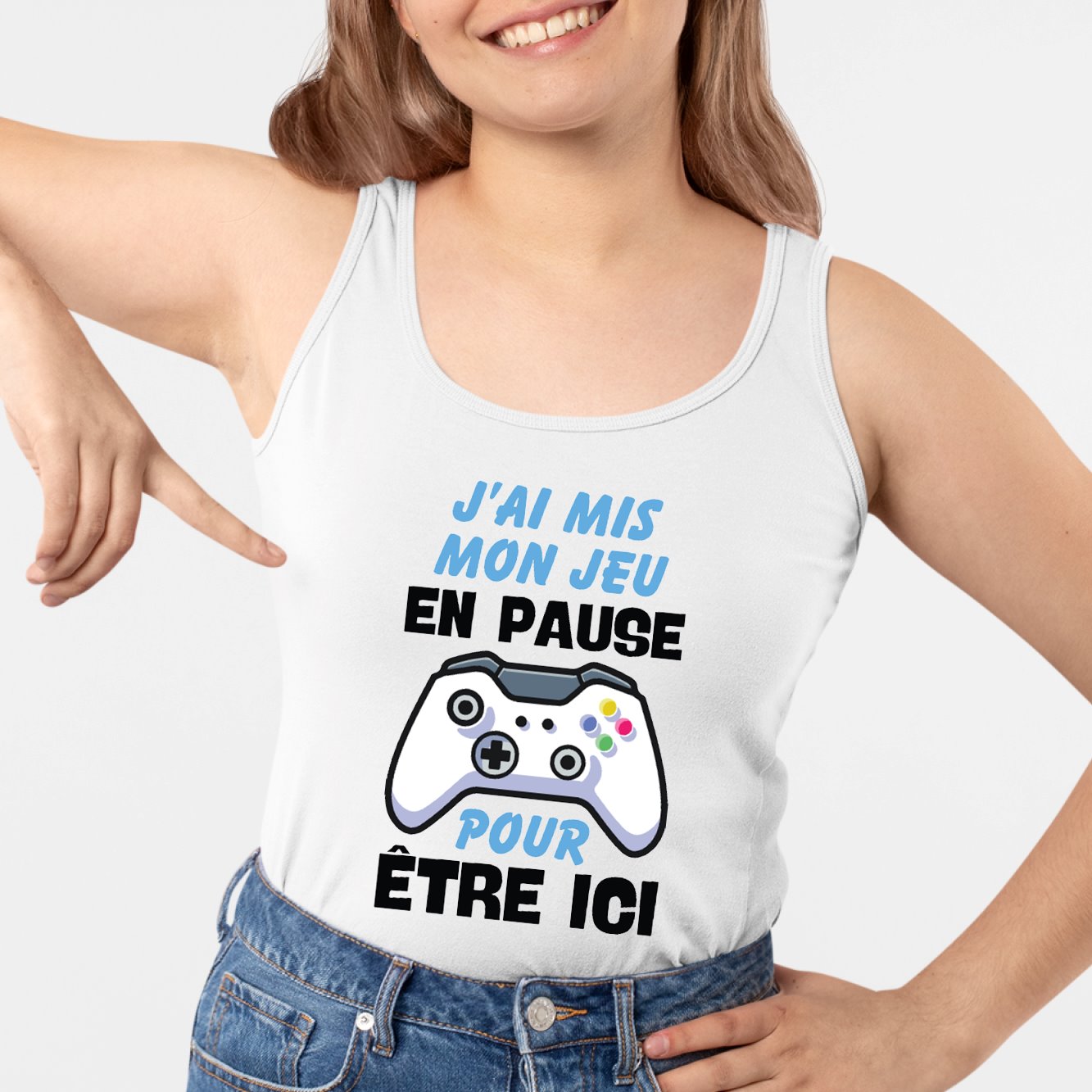 Débardeur Femme J'ai mis mon jeu en pause pour être ici Blanc