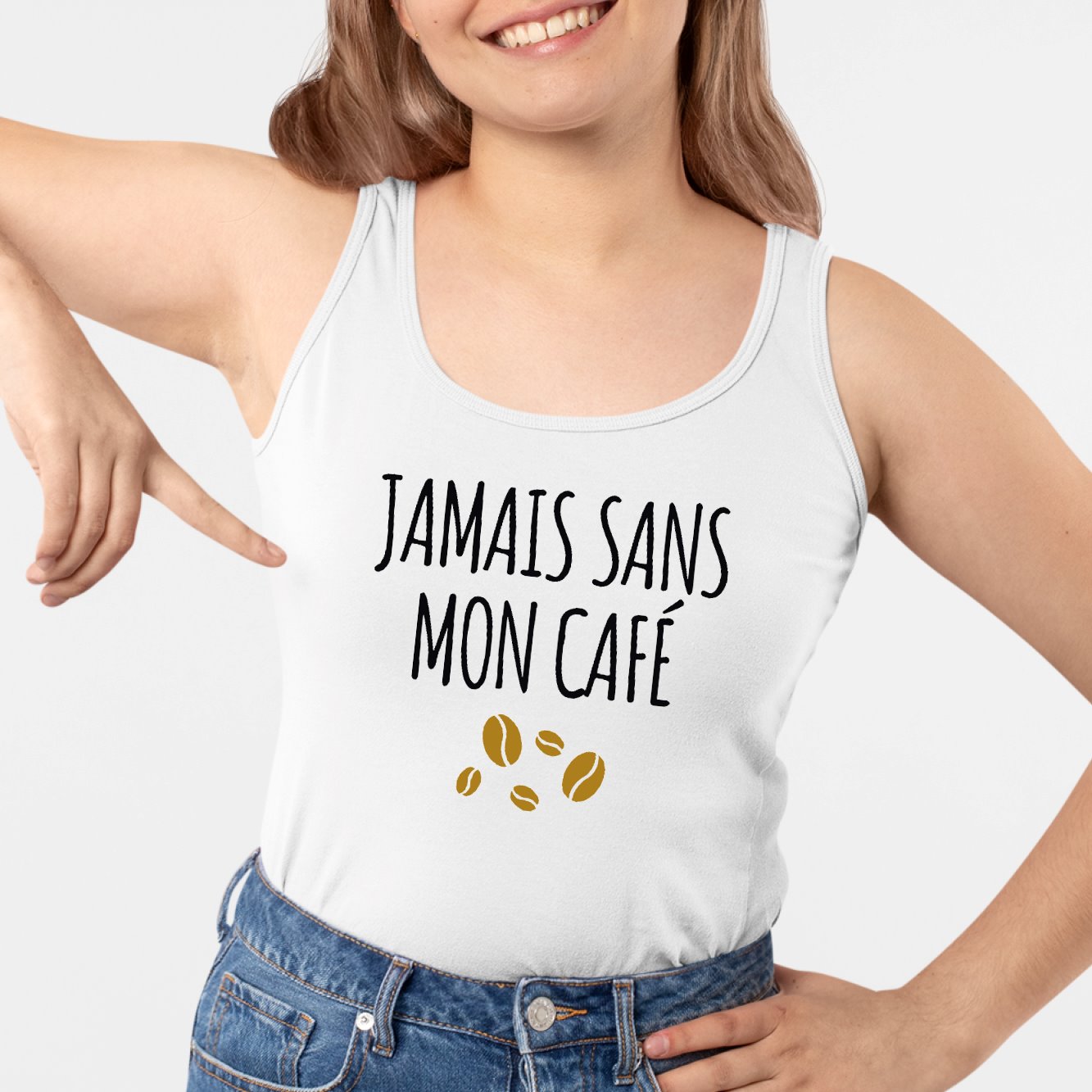 Débardeur Femme Jamais sans mon café Blanc