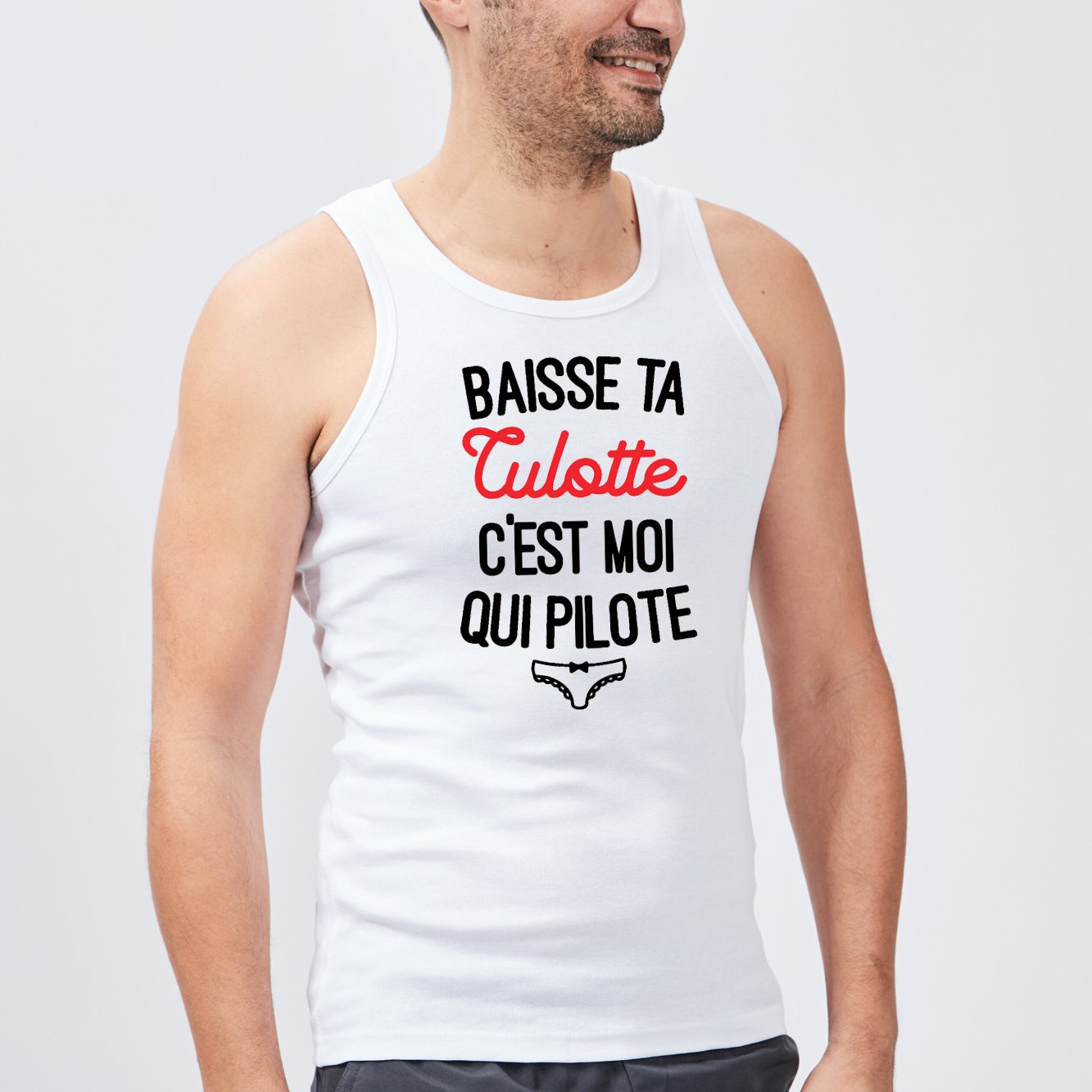 Débardeur Homme Baisse ta culotte c'est moi qui pilote Blanc