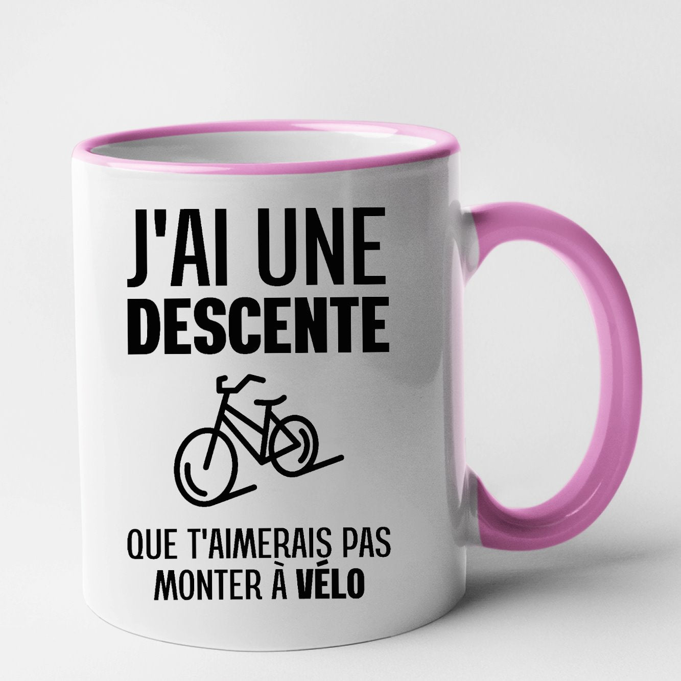 Mug J'ai une descente que t'aimerais pas monter à vélo Rose