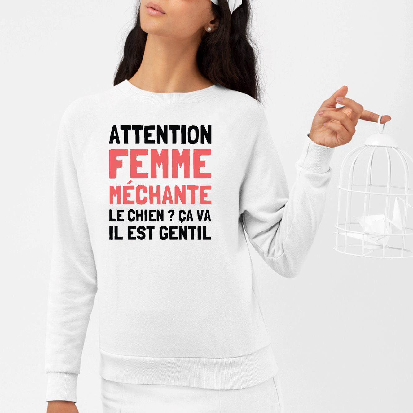 Sweat Adulte Attention femme méchante Blanc