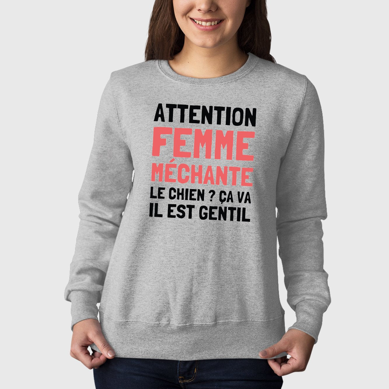 Sweat Adulte Attention femme méchante Gris