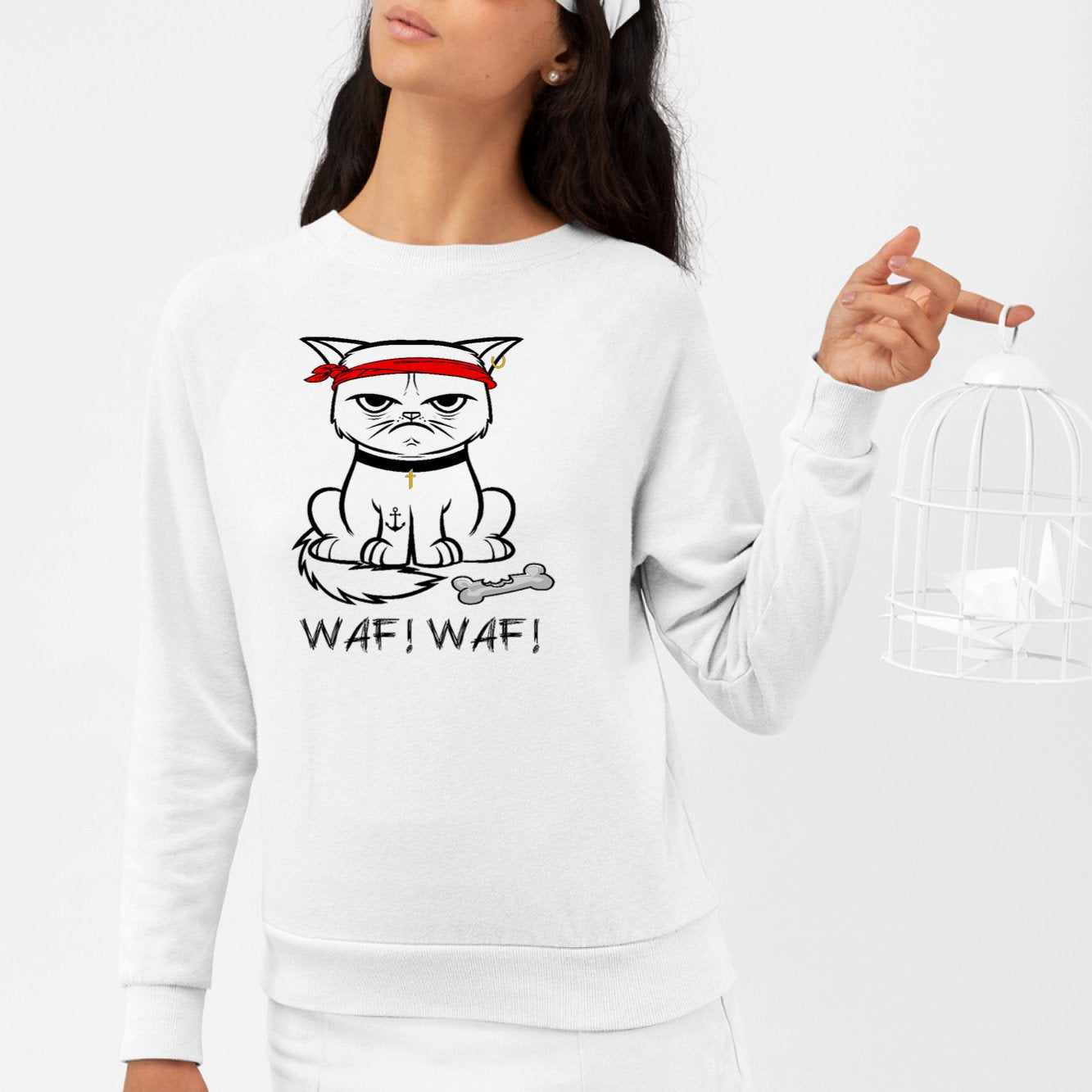 Sweat Adulte Chat bad boy Blanc