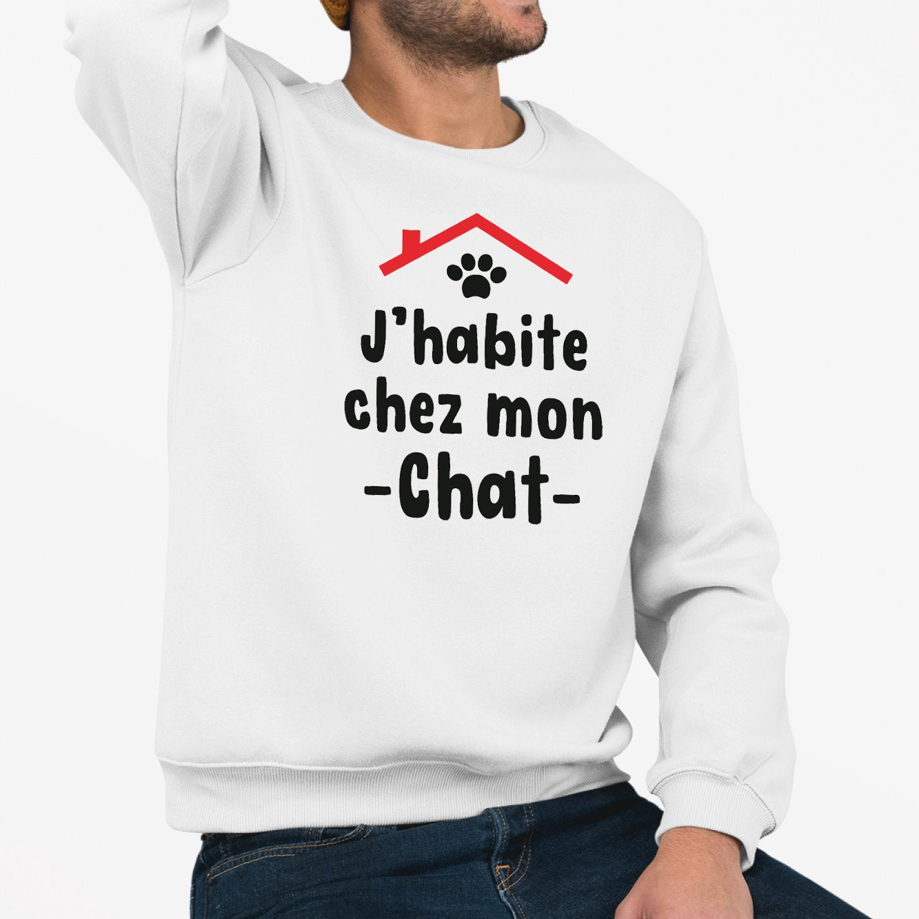 Sweat Adulte J'habite chez mon chat Blanc