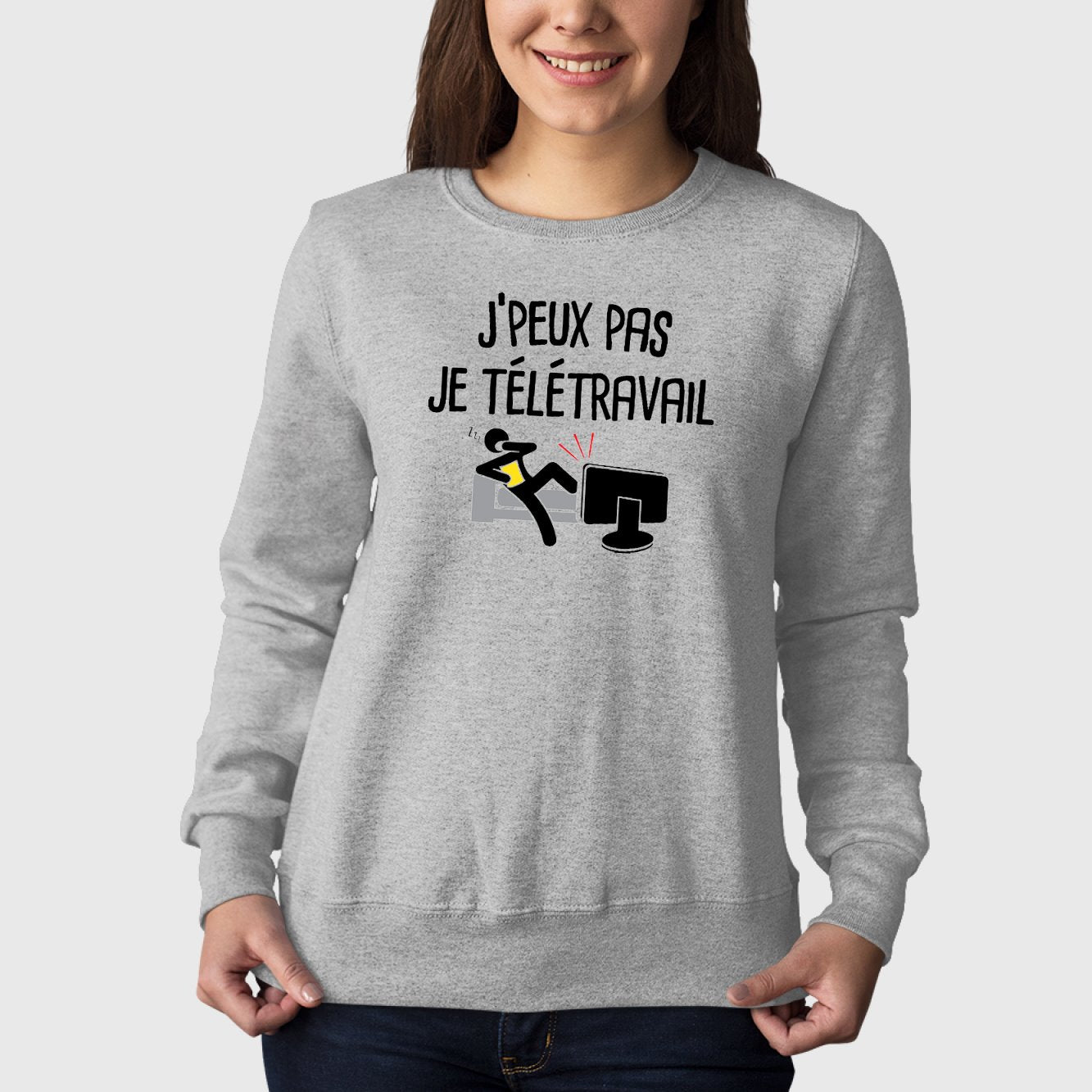 Sweat Adulte J'peux pas je télétravail Gris