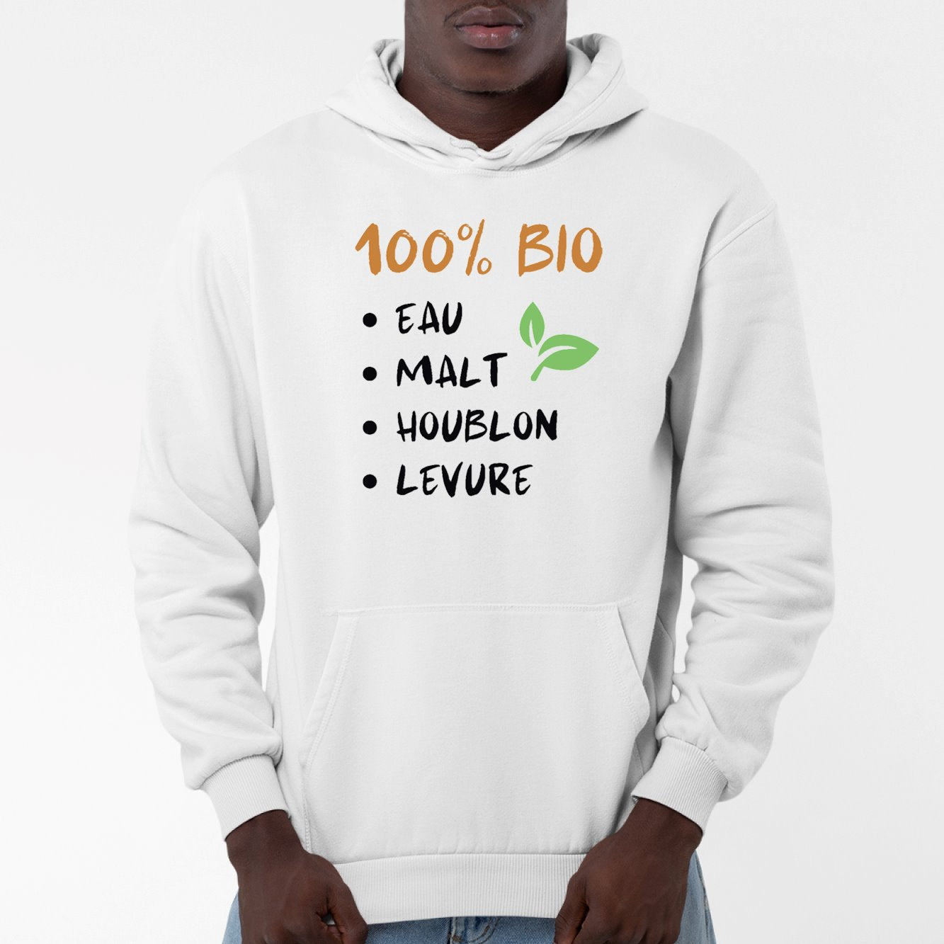 Sweat Capuche Adulte 100% bio eau malt houblon levure Blanc