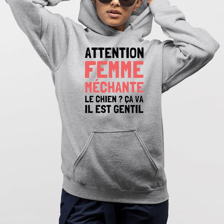 Sweat Capuche Adulte Attention femme méchante Gris