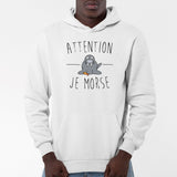 Sweat Capuche Adulte Attention je mords Blanc