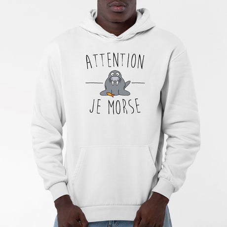 Sweat Capuche Adulte Attention je mords Blanc