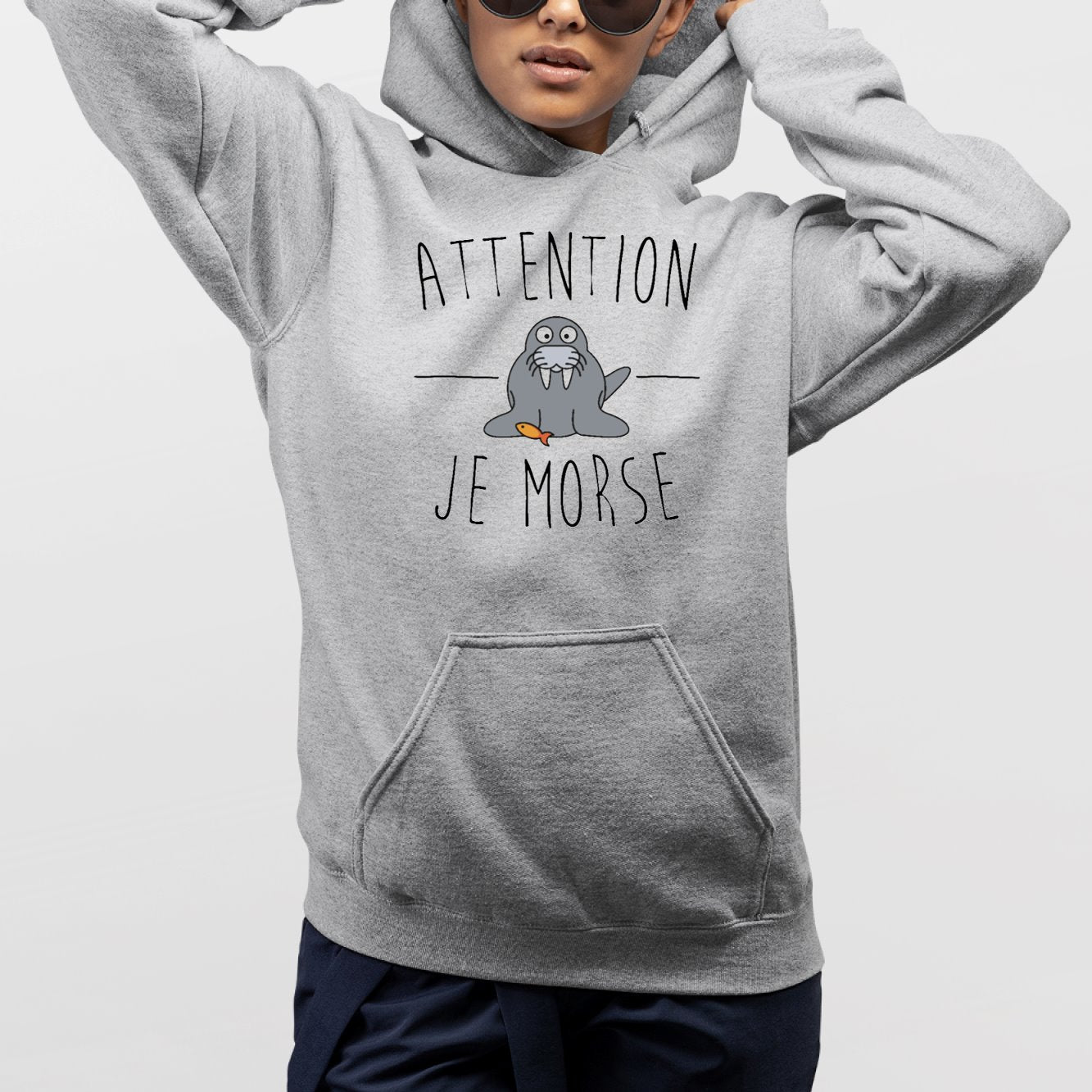 Sweat Capuche Adulte Attention je mords Gris