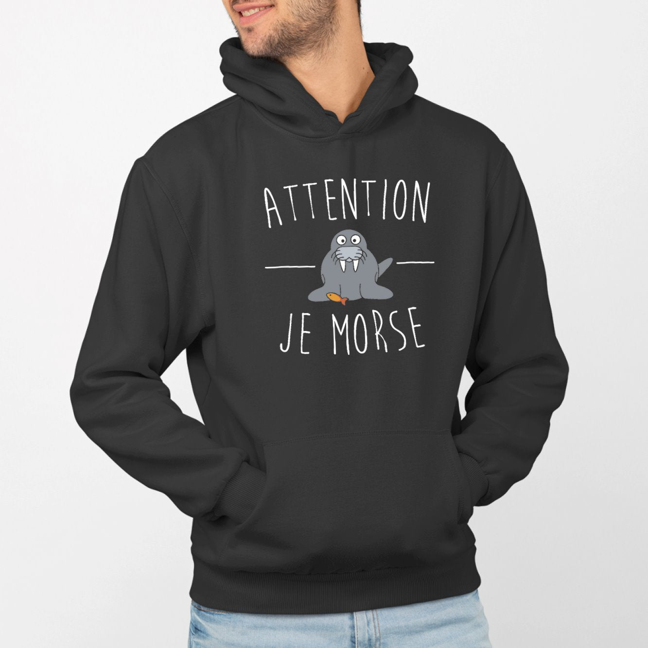 Sweat Capuche Adulte Attention je mords Noir