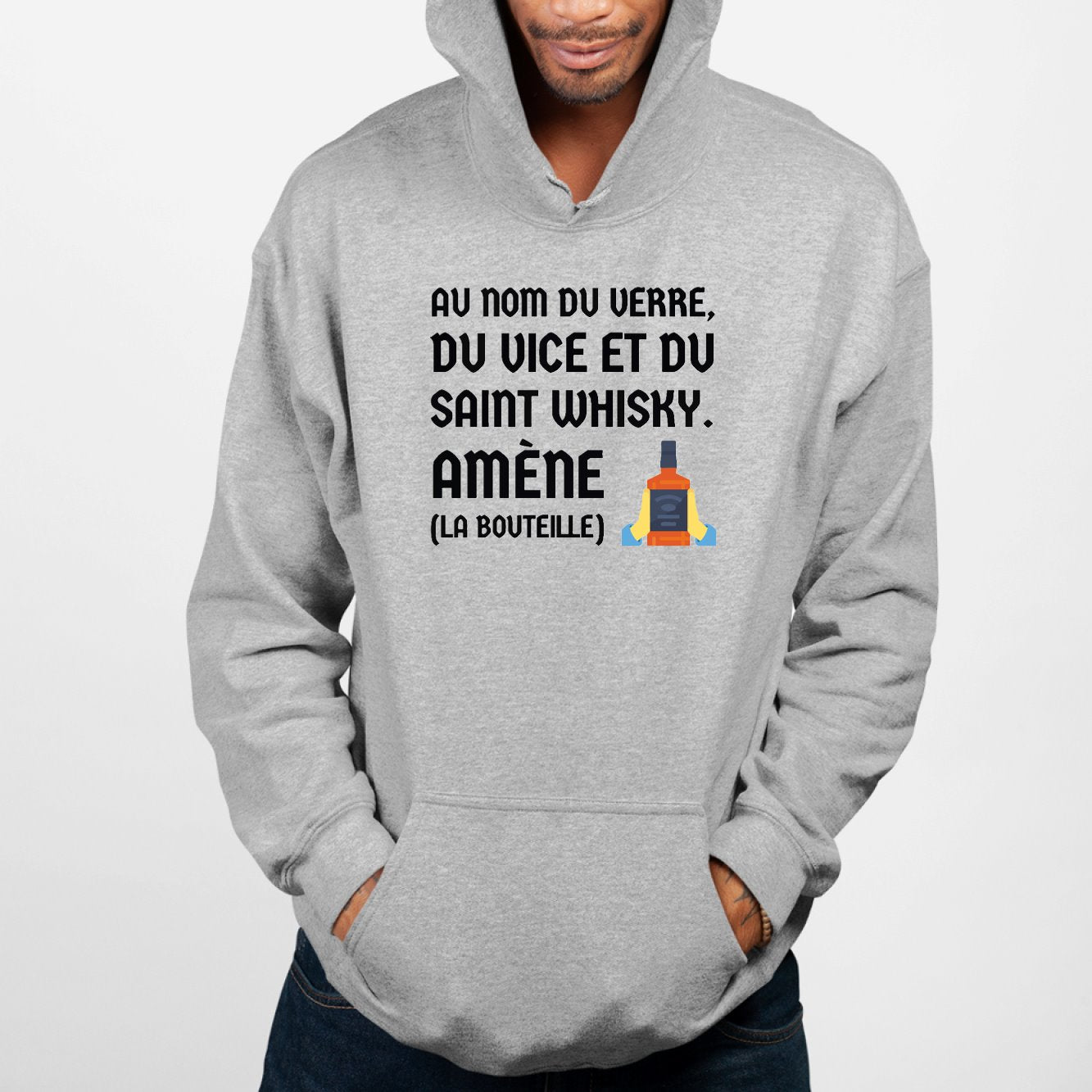 Sweat Capuche Adulte Au nom du verre du vice et du saint whisky Gris