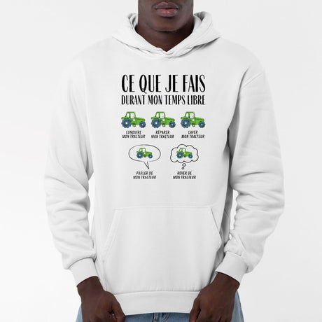 Sweat Capuche Adulte Ce que je fais durant mon temps libre Tracteur Blanc