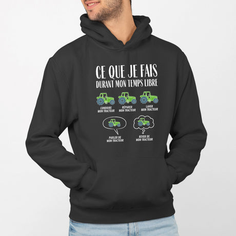 Sweat Capuche Adulte Ce que je fais durant mon temps libre Tracteur Noir