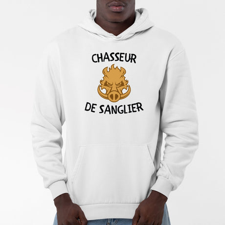 Sweat Capuche Adulte Chasseur de sanglier Blanc