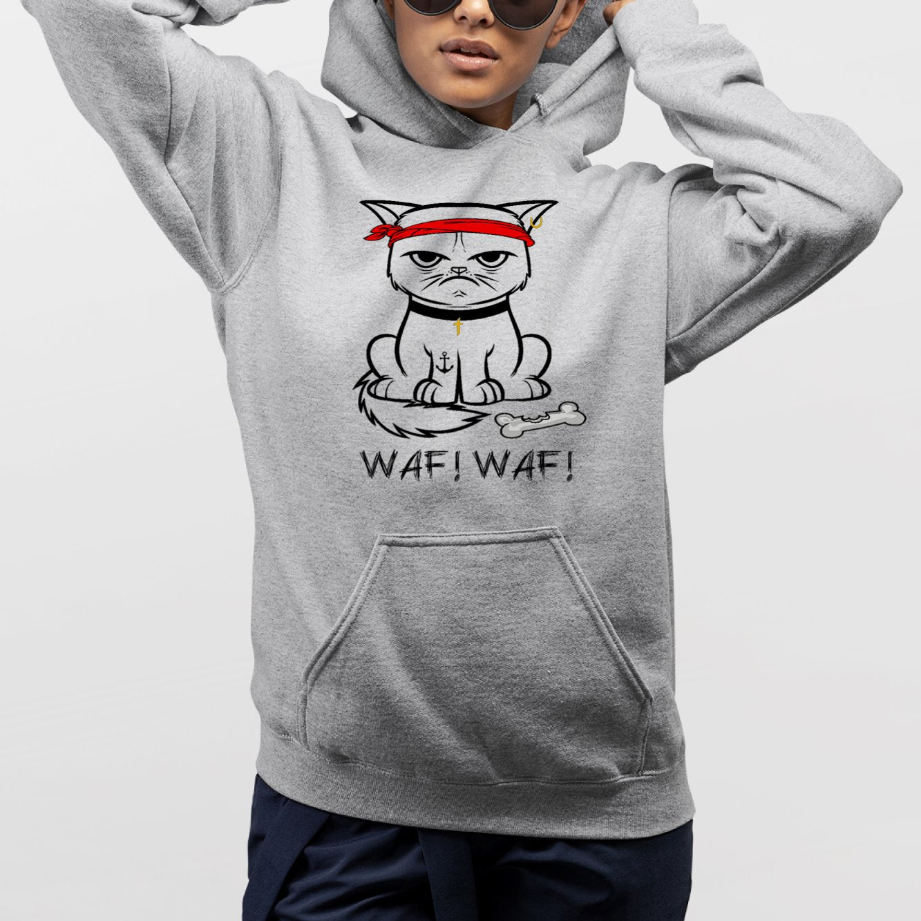 Sweat Capuche Adulte Chat bad boy Gris