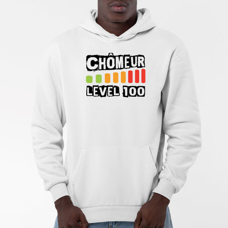 Sweat Capuche Adulte Chômeur level 100 Blanc