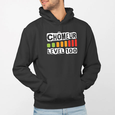 Sweat Capuche Adulte Chômeur level 100 Noir