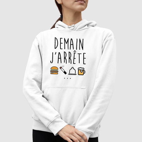 Sweat Capuche Adulte Demain j'arrête Blanc