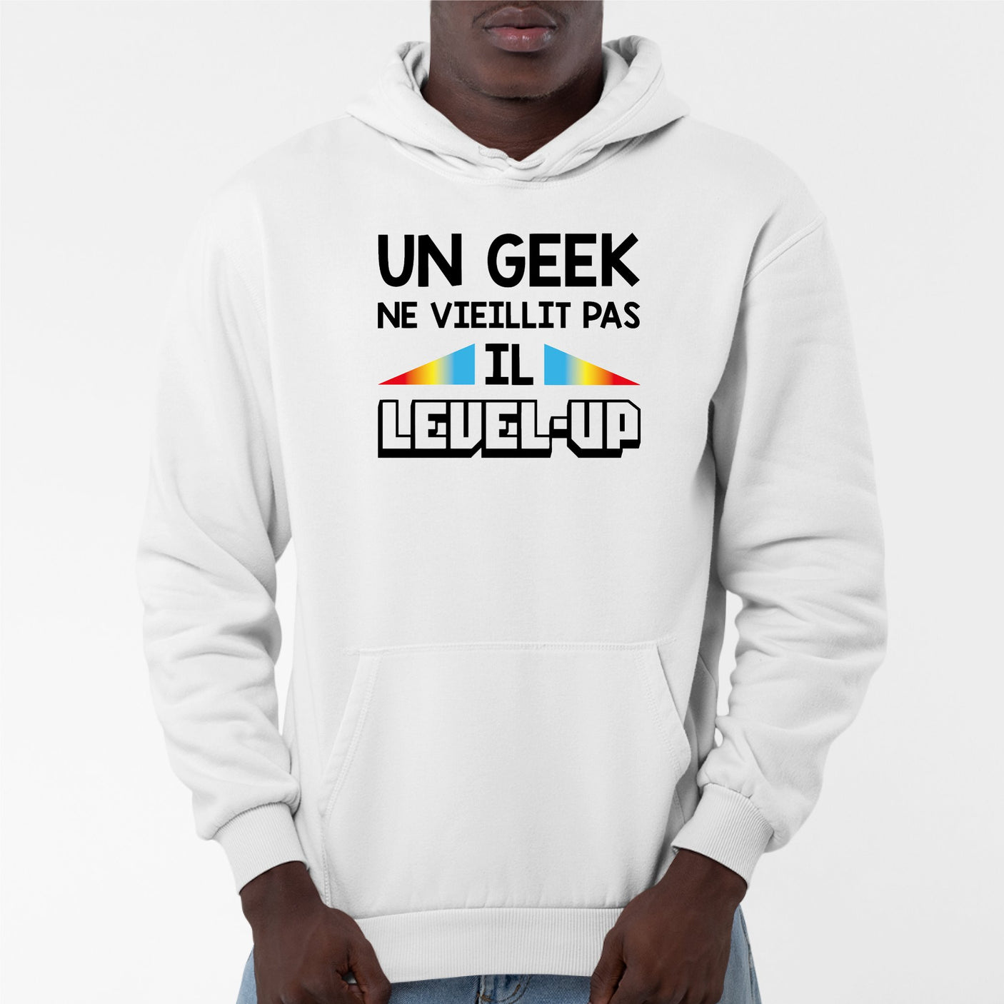 Sweat Capuche Adulte Geek level-up Blanc