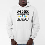 Sweat Capuche Adulte Geek level-up Blanc