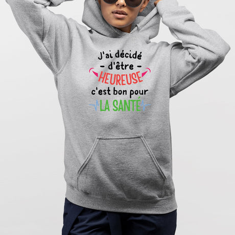 Sweat Capuche Adulte J'ai décidé d'être heureuse Gris