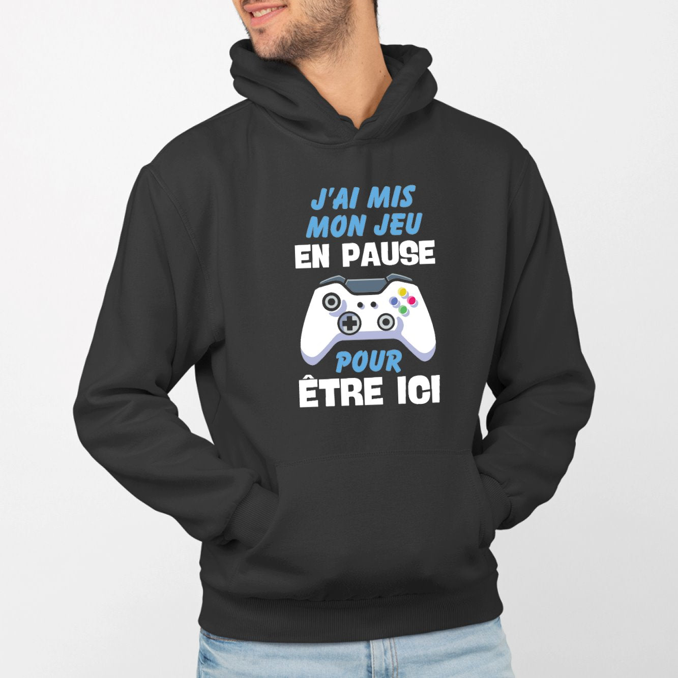 Sweat Capuche Adulte J'ai mis mon jeu en pause pour être ici Noir