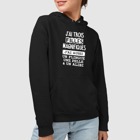 Sweat Capuche Adulte J'ai trois filles magnifiques Noir