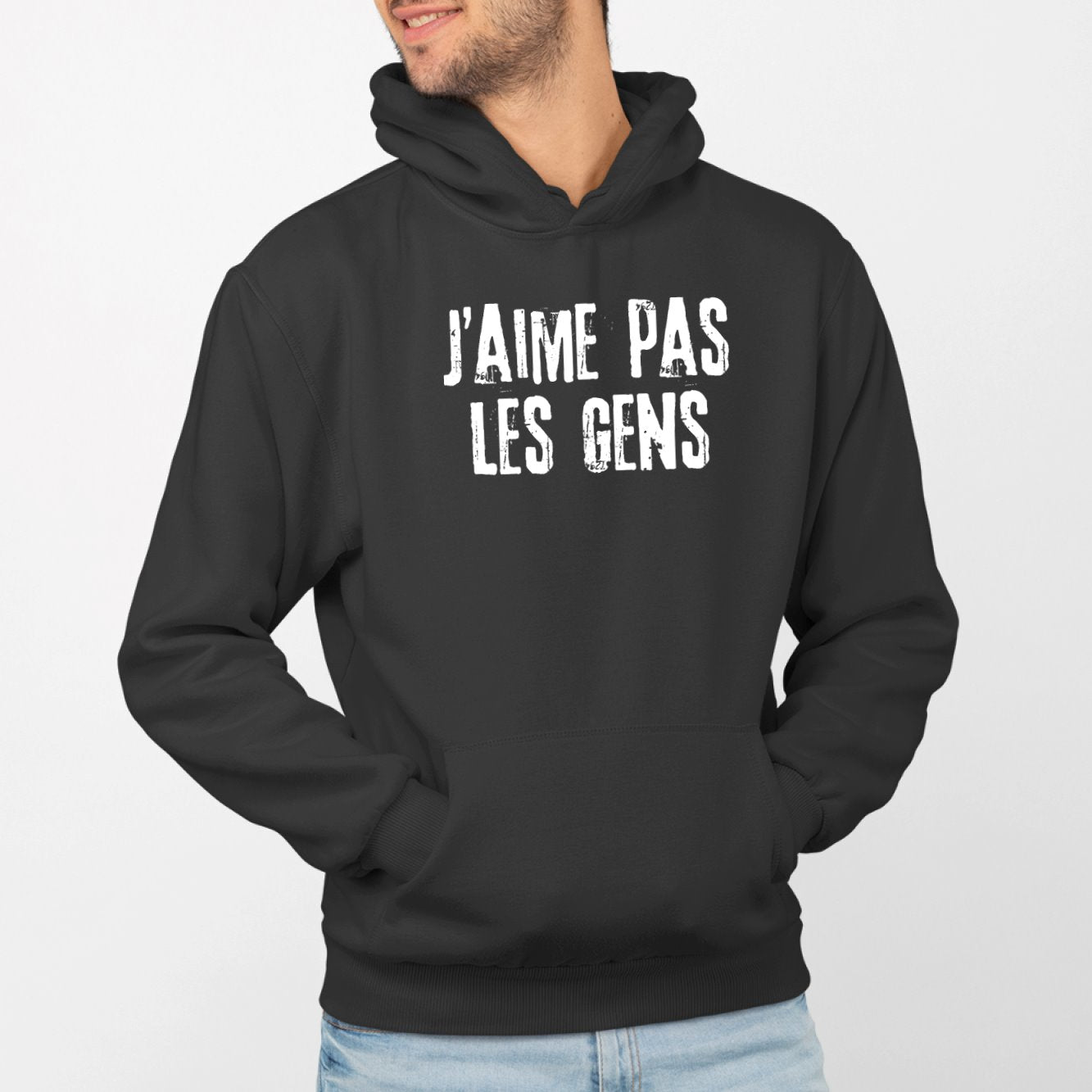 Sweat Capuche Adulte J'aime pas les gens Noir