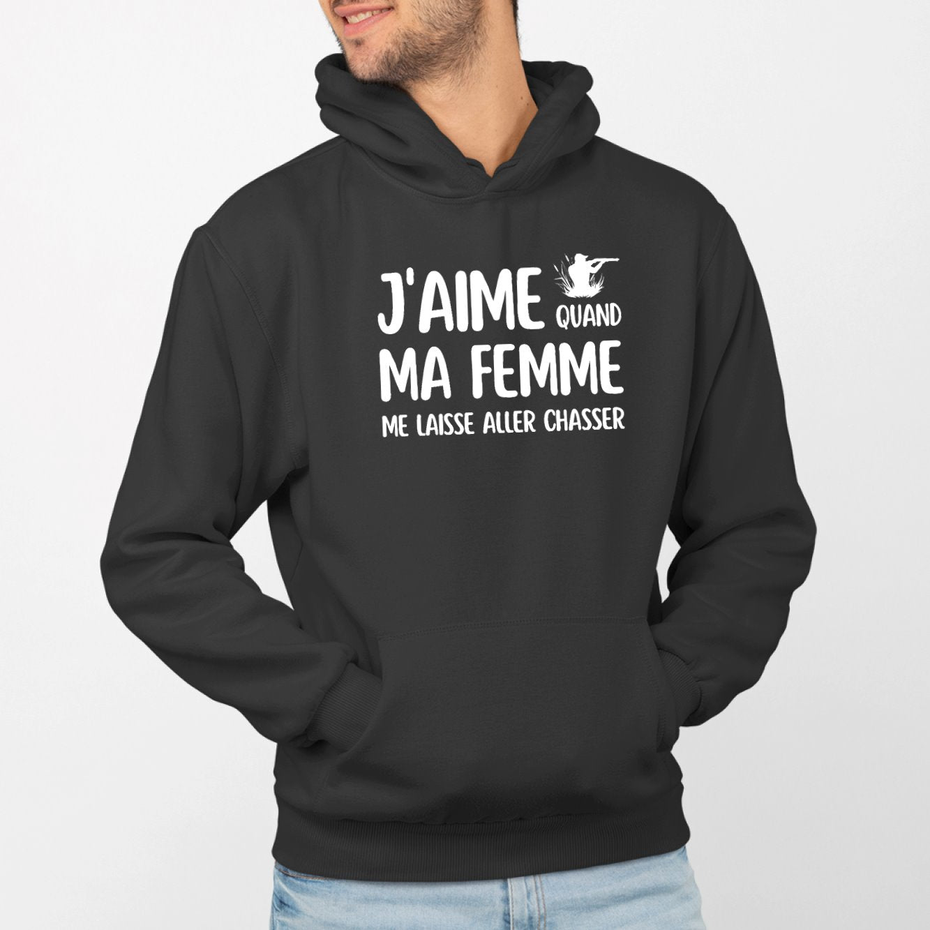 Sweat Capuche Adulte J'aime quand ma femme me laisse aller chasser Noir