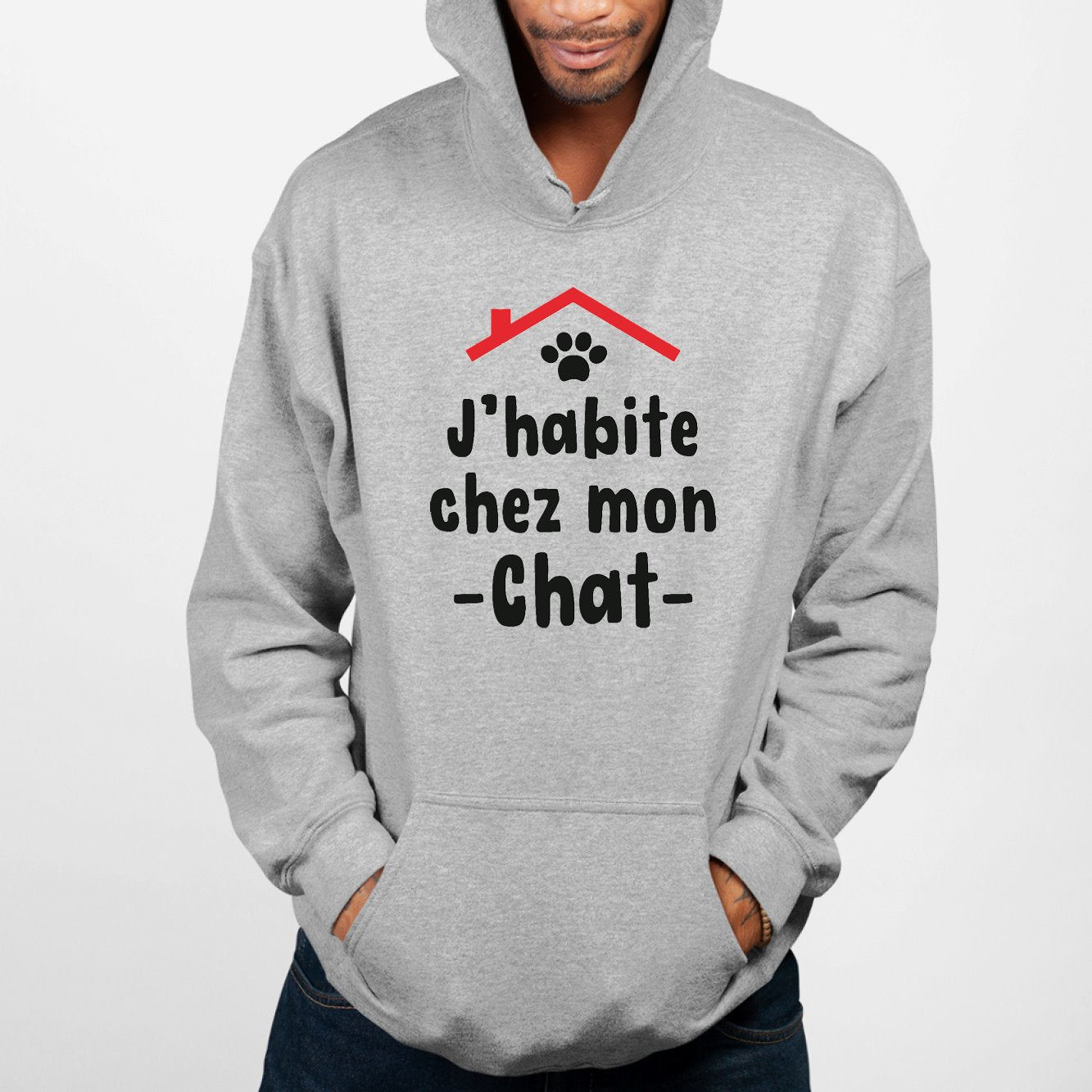 Sweat Capuche Adulte J'habite chez mon chat Gris