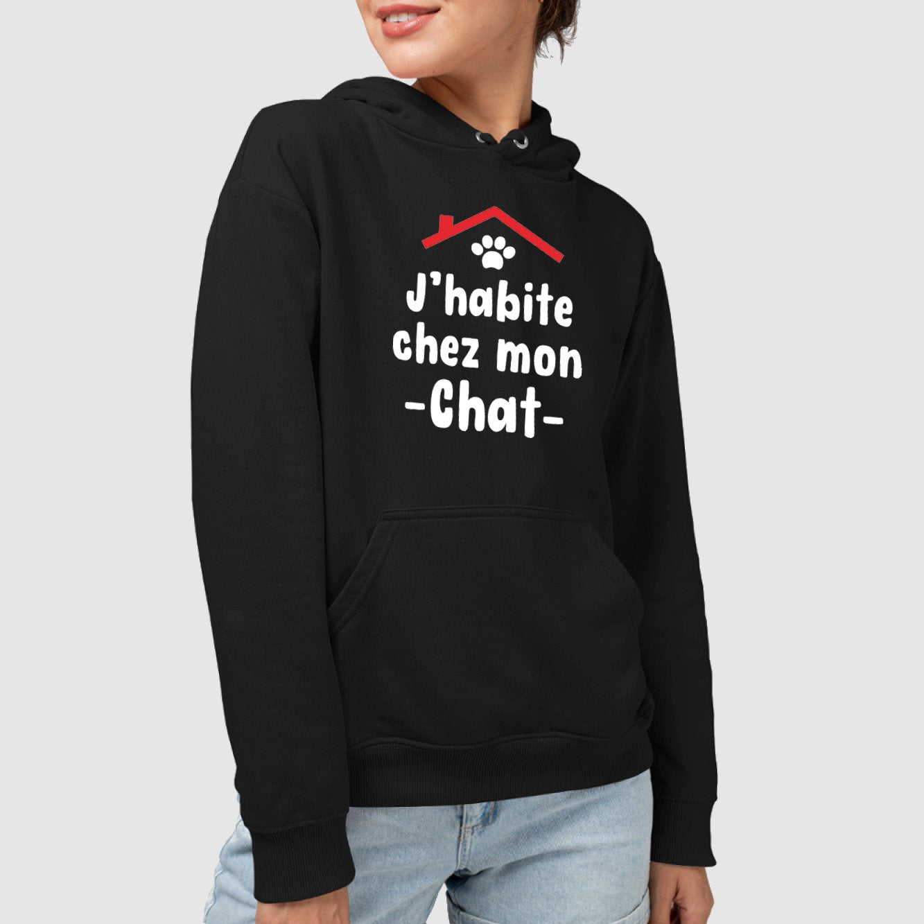 Sweat Capuche Adulte J'habite chez mon chat Noir