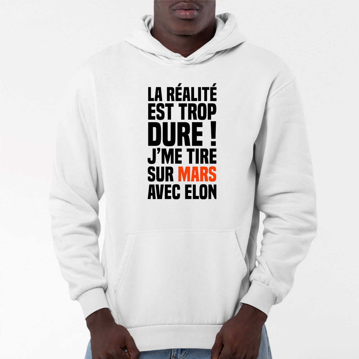 Sweat Capuche Adulte J'me tire sur Mars avec Elon Blanc