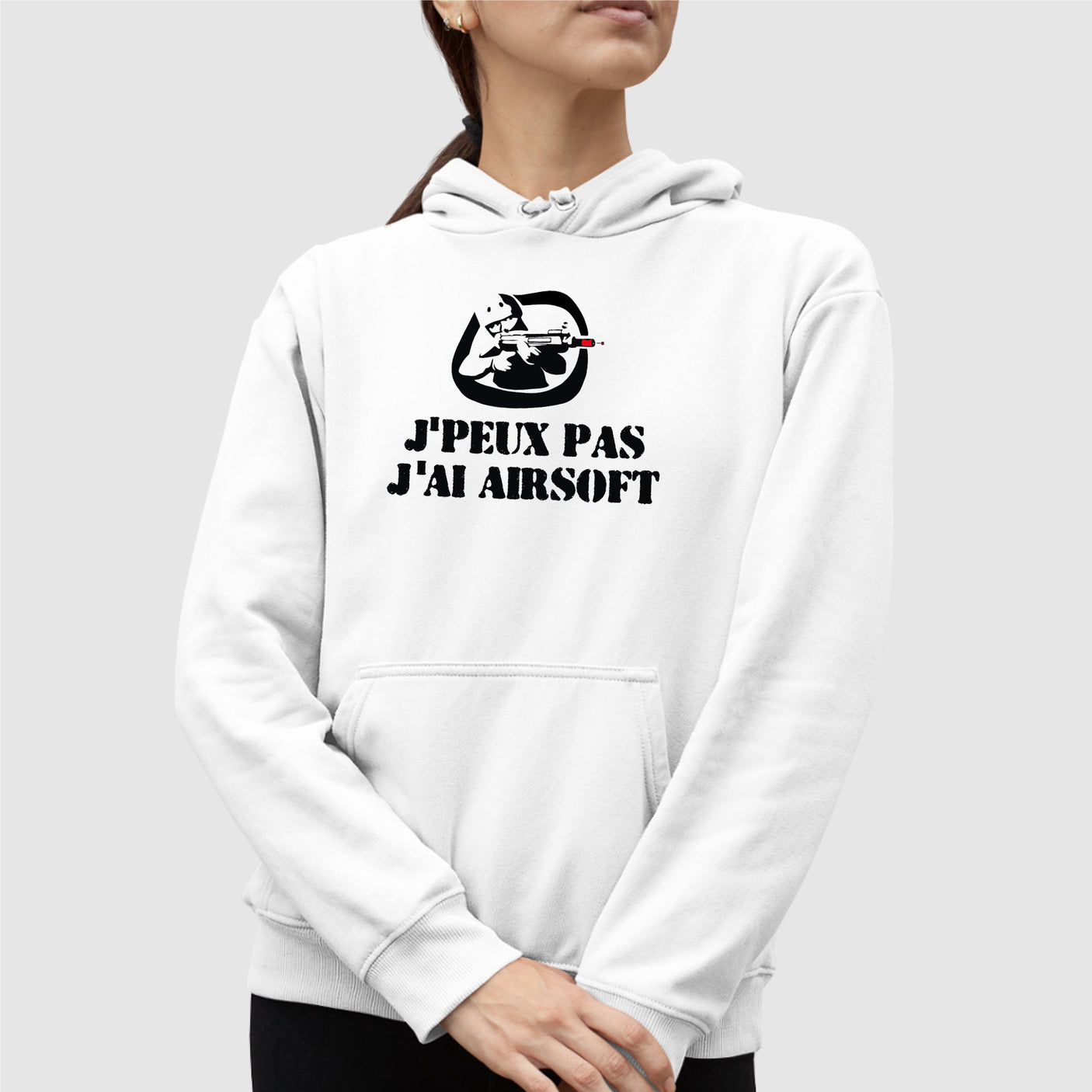 Sweat Capuche Adulte J'peux pas j'ai airsoft Blanc