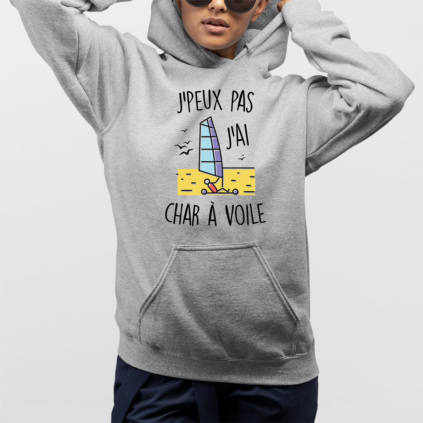 Sweat Capuche Adulte J'peux pas j'ai char à voile Gris