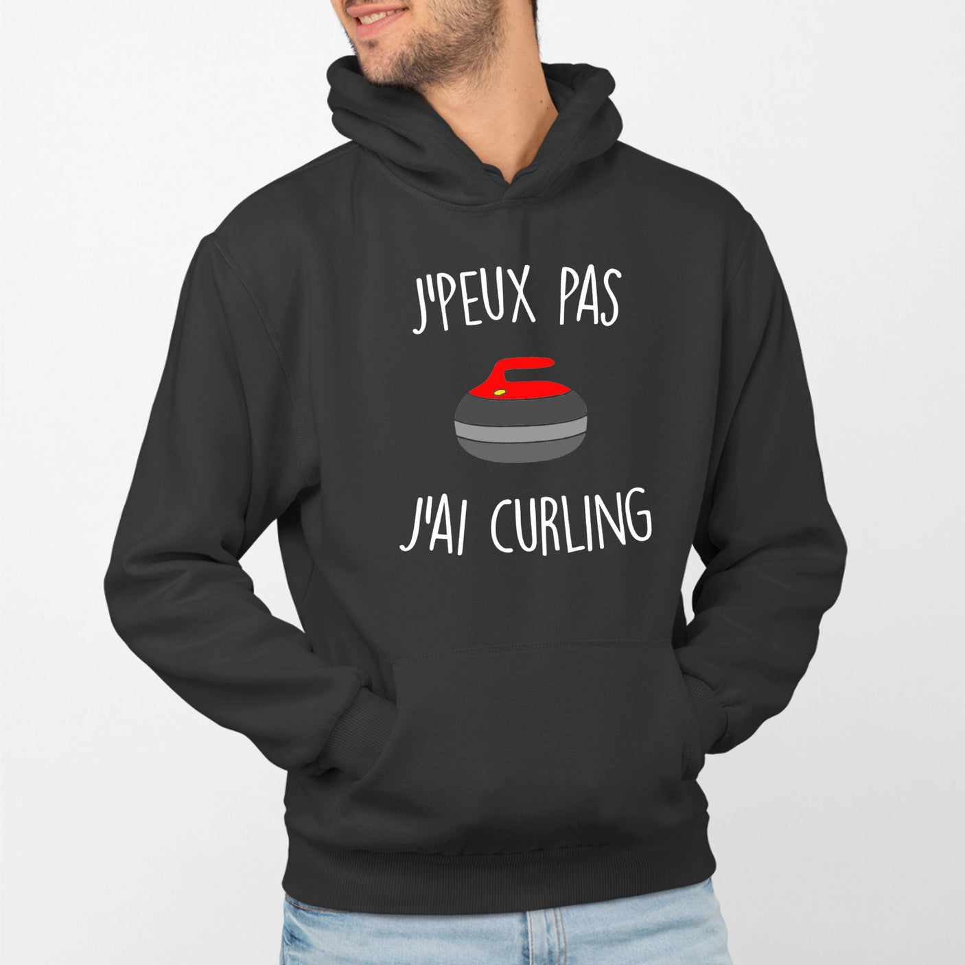 Sweat Capuche Adulte J'peux pas j'ai curling Noir