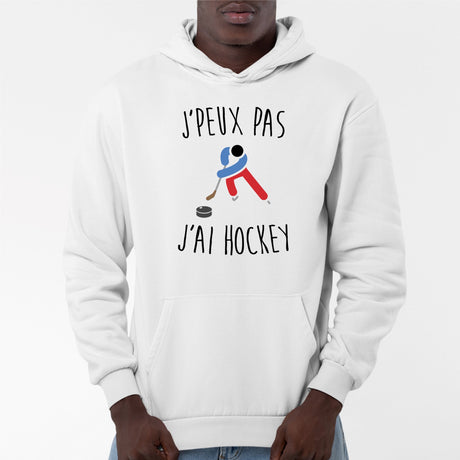 Sweat Capuche Adulte J'peux pas j'ai hockey Blanc