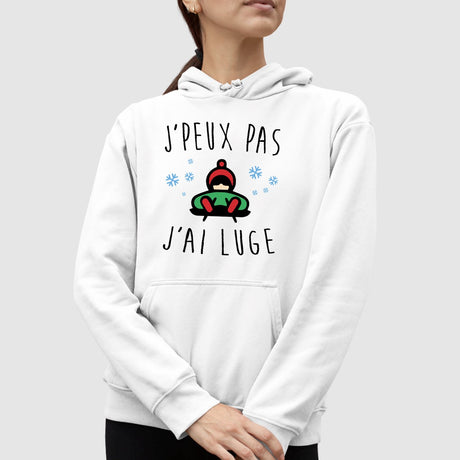 Sweat Capuche Adulte J'peux pas j'ai luge Blanc