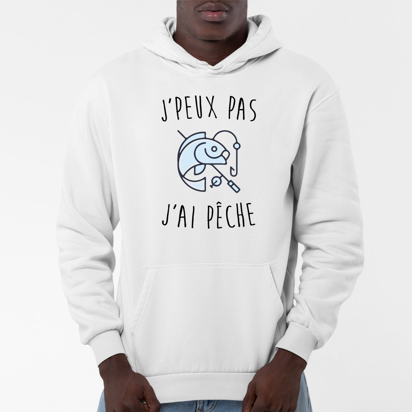 Sweat Capuche Adulte J'peux pas j'ai pêche Blanc