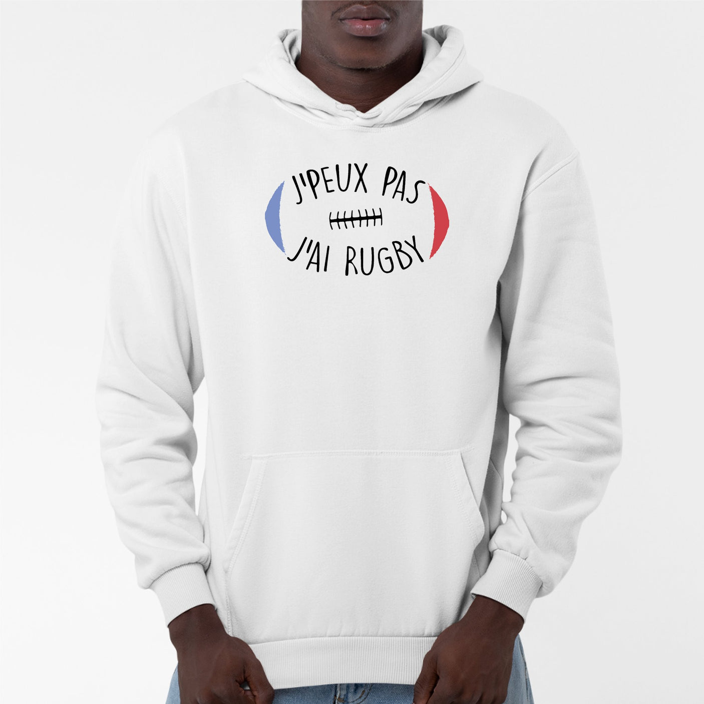 Sweat Capuche Adulte J'peux pas j'ai rugby Blanc